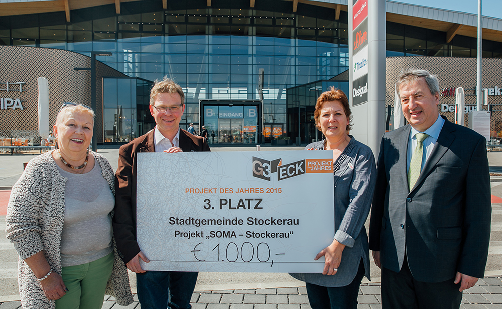 Stadträtin Elfriede Eisler, G3 Centermanager Gernot Jung, Regionalmanagerin SOMA Stockerau Uli Stambera und Bürgermeister Helmut Laab